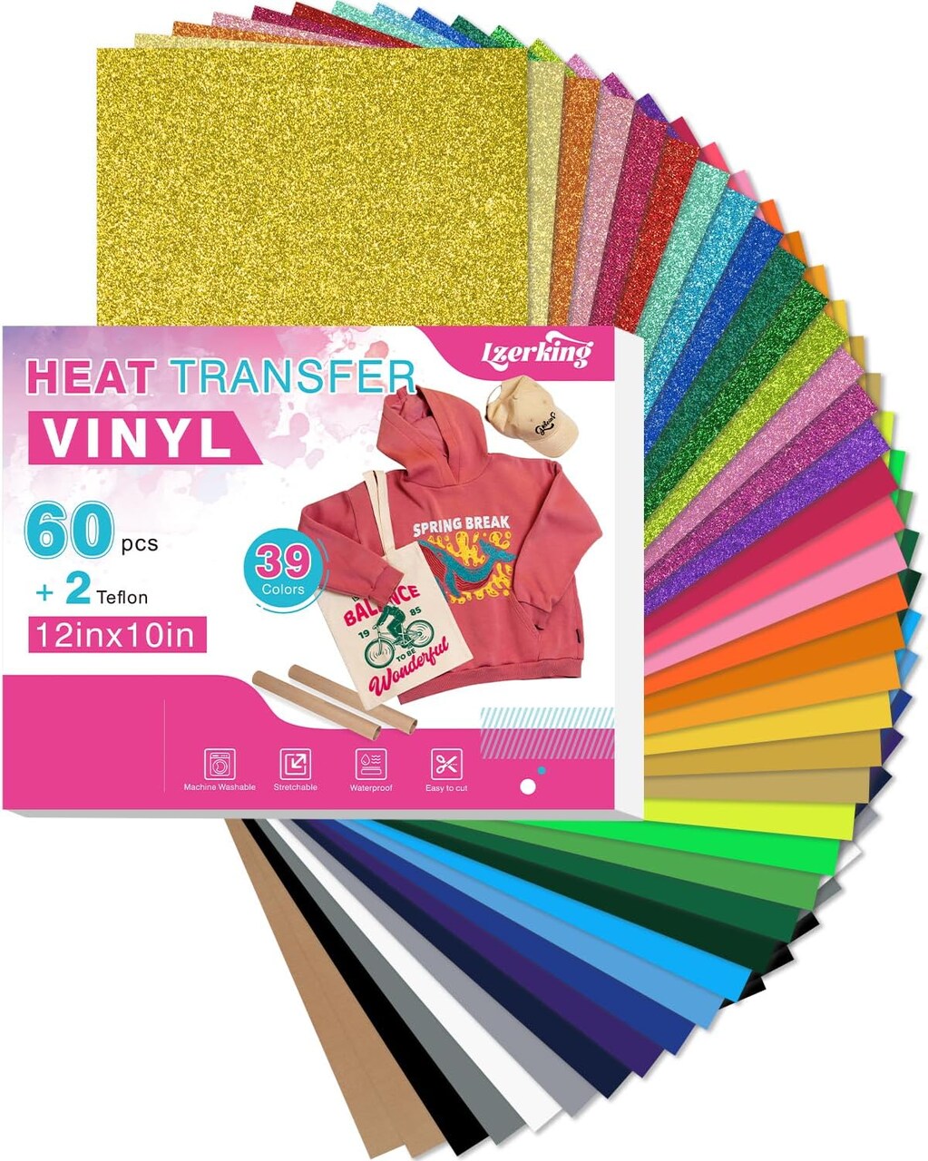 l 62 Pcs 12in x 10in Htv Vinyl Bulk (39 Colors), Including 60 Matte with 2 Teflon Sheets for T-Shirt